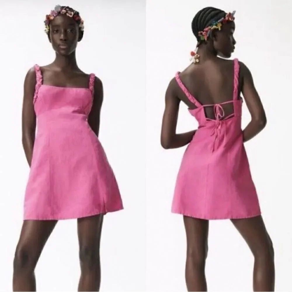 Zara Pink Linen Blend Mini Dress NEW Size Medium